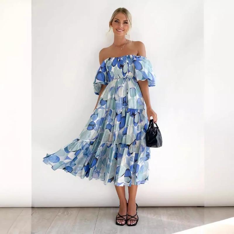 Summer New Bubble Sleeve Holiday Skinny Long Dress Spice Girl High Waist Shoulder Printed Dress Women