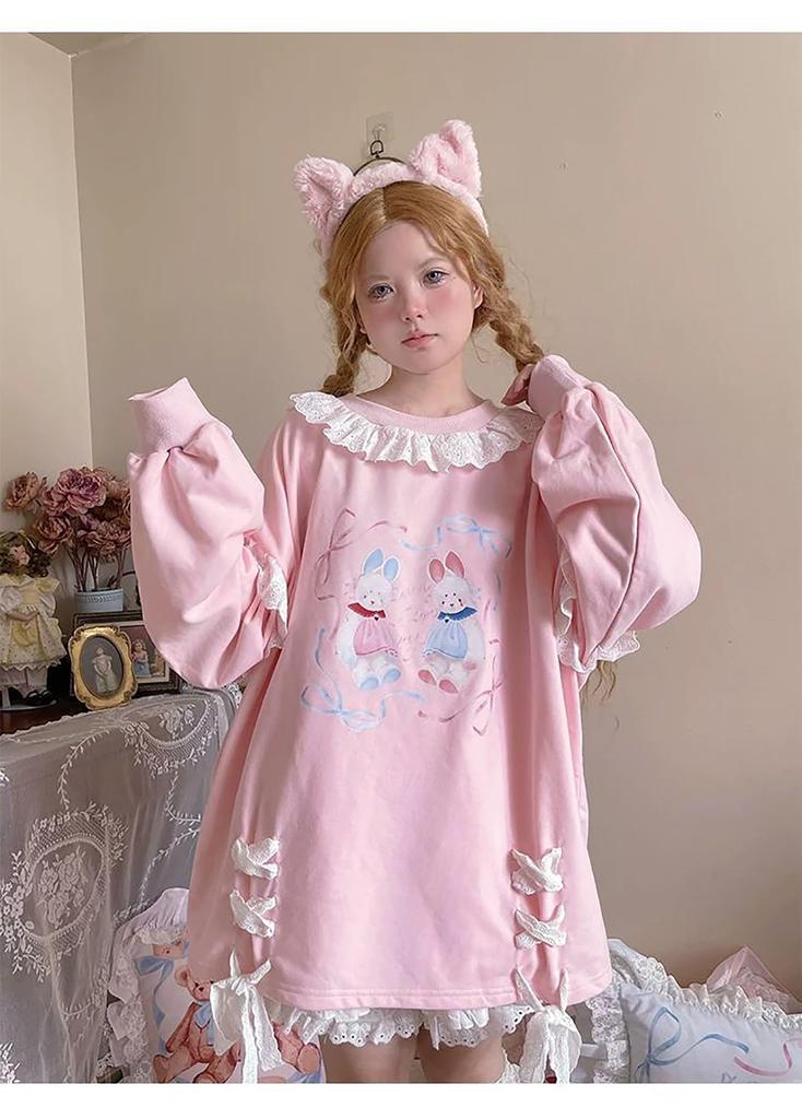 LAVASEON Cute Rabbit Print Long Lace Collar with Loose Korean Student Mori Girl Plus Sizes Hoodie, Length, Women's, Ribbon, School-Style, Fit,