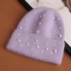 New fashionable solid color simple warm and comfortable knitted hat nail pearl decoration rabbit hair blend elegant wool hat