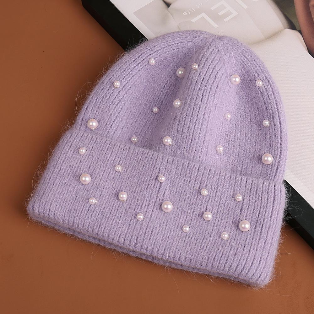 New fashionable solid color simple warm and comfortable knitted hat nail pearl decoration rabbit hair blend elegant wool hat