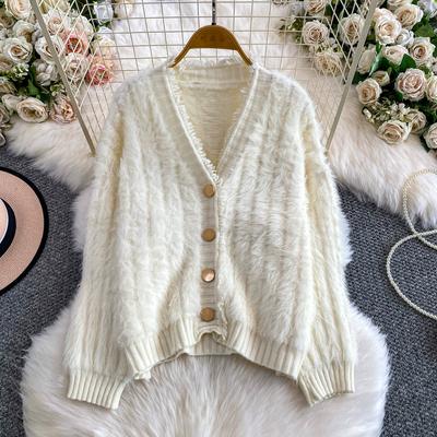 Autumn Winter Women Casual V-neck Furry Mohair Knitted Sweater Single Breasted Cardigans Jacket Coat