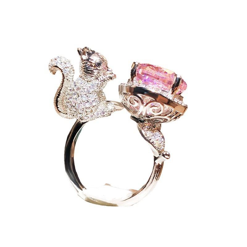 Little Squirrel Pink Diamond Sugar Cube Ring Personalized Haute Couture Design Colorful Treasure Live Birthday Gift