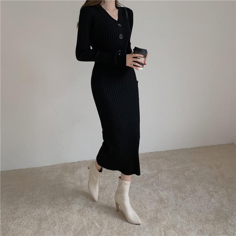 Herbst Winter frauen Kleid Taste V-ausschnitt Gestrickte Party Langarm Weiß Lange Kleid Bodycon Casual Elegante Damen Kleider Harajuku