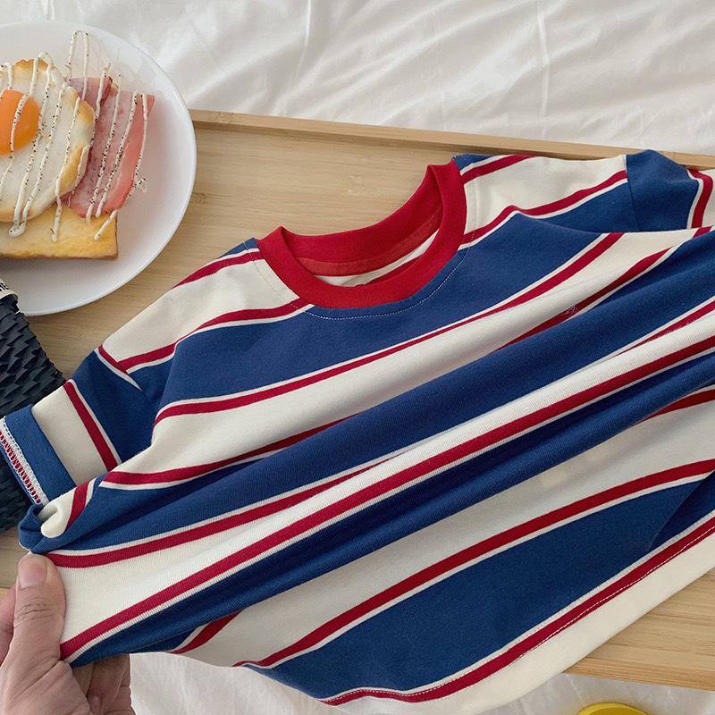 Boys' Long-sleeved T-shirt Loose and Fashionable Autumn Children's Contrast Striped Western Style T-shirt Round Neck Top