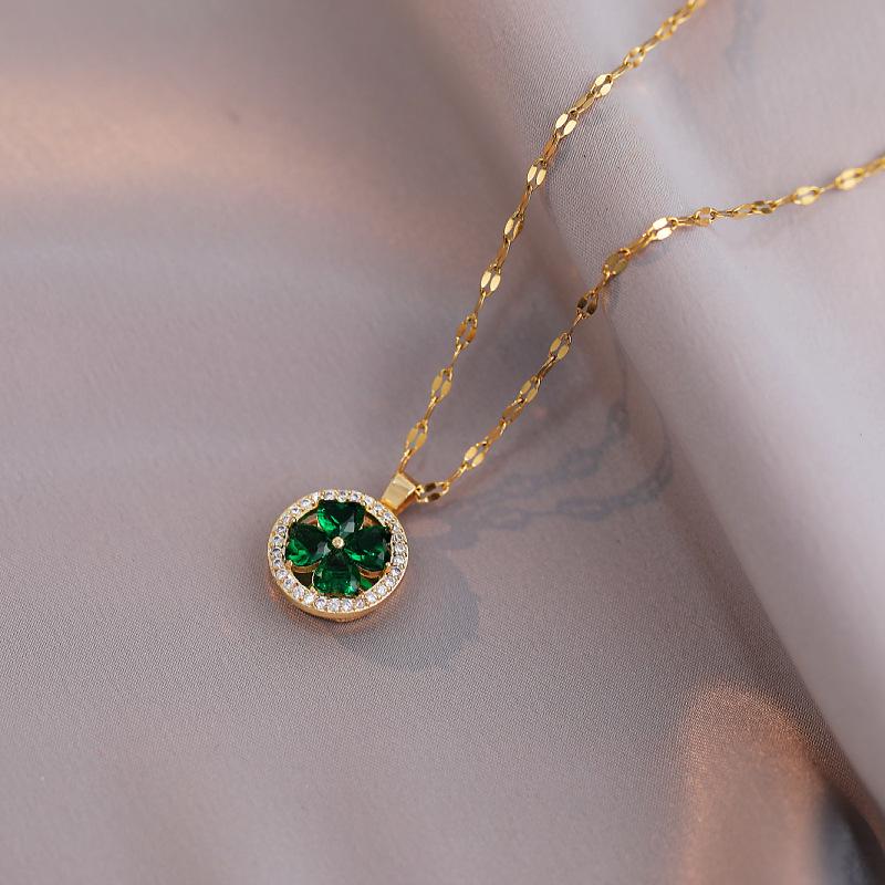 Emerald Rotating Ring Necklace: Japanese & Korean Style Zircon Titanium Steel Clavicle Chain