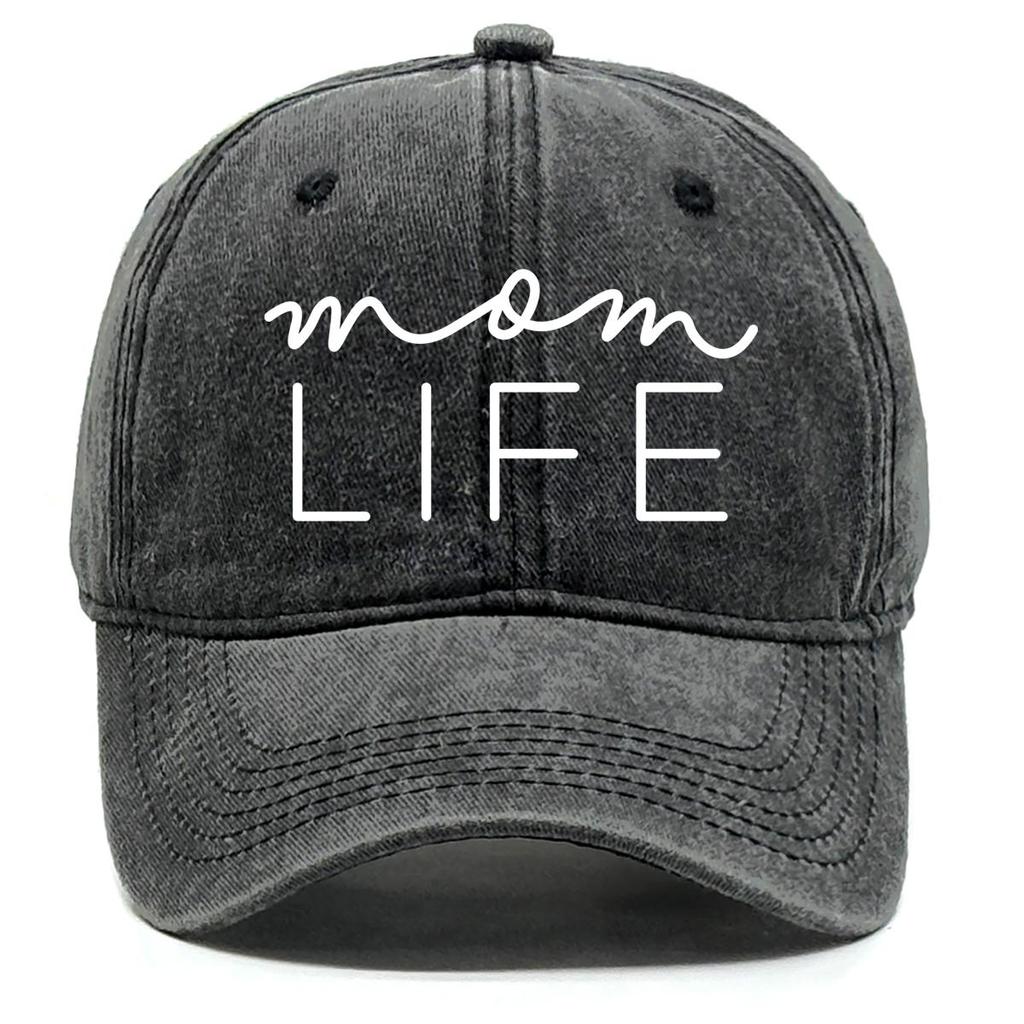 MOM LIFE" Print Adjustable Baseball Cap, White Text Dad Hat Cotton Solid Headwear Slouchy Snapback Sun Hat