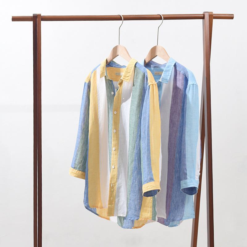 Men's Vertical Stripe Linen Blend Shirt Casual Roll Up Sleeve Loose Fit Streetwear Top