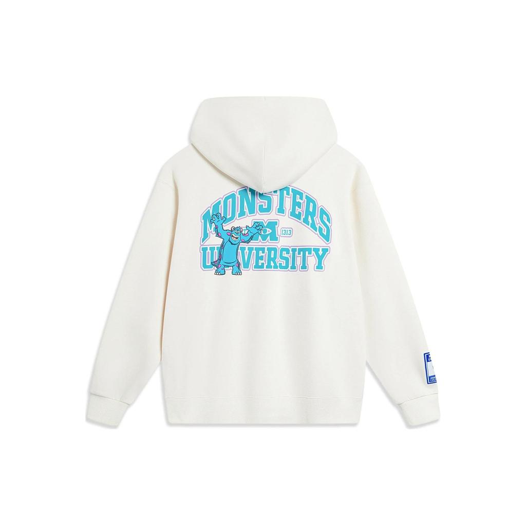 Li-Ning Disney Collaboration Series Monsters University Letter Cartoon Print Fleece Warm Loose Pullover Hoodie Unisex Hoodies Off-White AWDT815-2