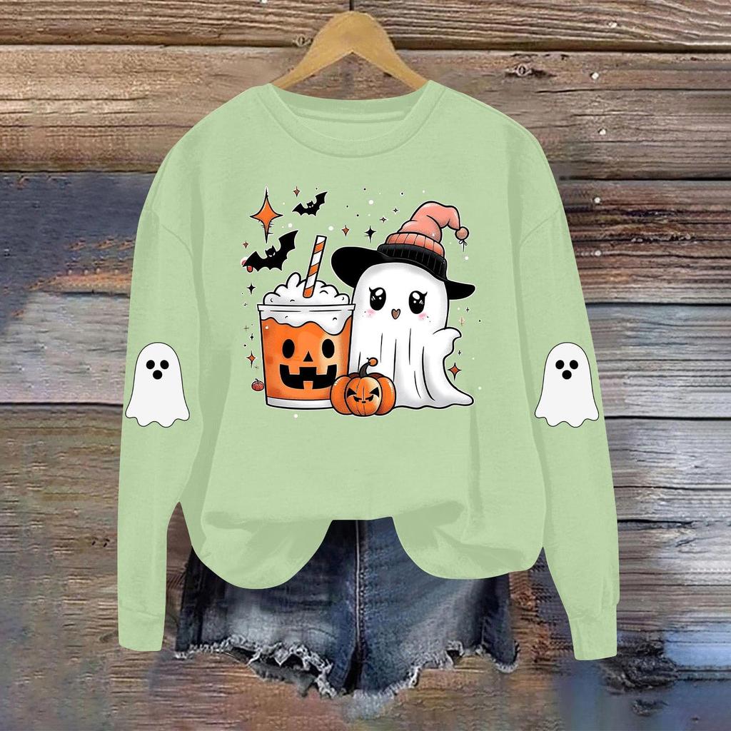 Dame Moteable Casual Langermet Halloween Trykket Rundhals Topp