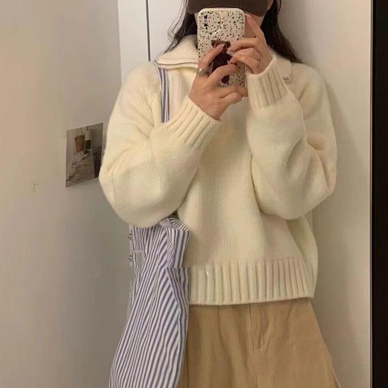 Autumn Winter Long Sleeved Half Zipper Pullover Sweater Turtleneck Fashion Elegant Office Sweet Lapel Loose Tops Casual Knitted Korean Simple Clothing