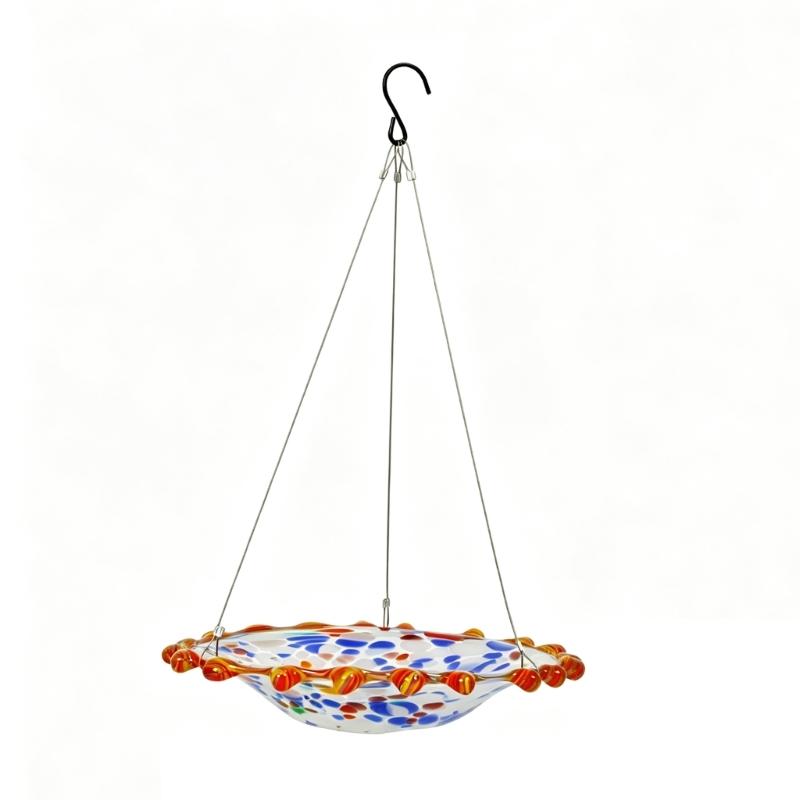 Outdoor Glass Bird Bowl for Small Birds, Hanging Hook Dish for Garden Porch Display with Water or Food Service