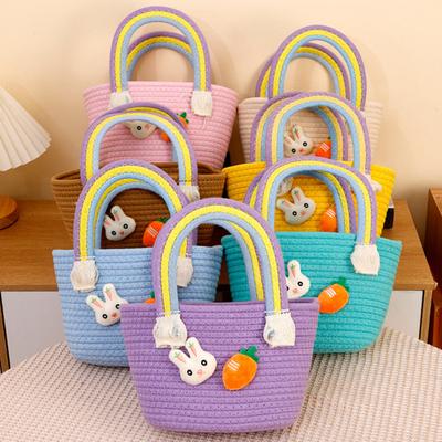 Easter Woven Basket with Handle Cotton Woven Bunny Egg Hunt Basket with Rabbit And Carrot Empty Easter Treat Bag for Gifts Candy