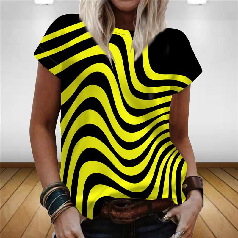 Women's summer striped themed T-shirt, women's 3D printed round neck T-shirt, rainbow 3D casual T-shirt