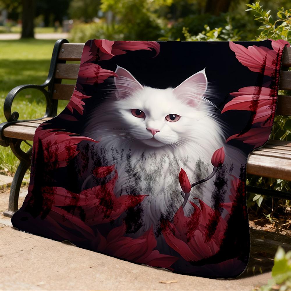 1pc Cat Flowers Outdoor Blanket - Soft Flannel Cozy for Travel & Camping - All-Season Warm Bed Cover, Machine Washable yy251229066