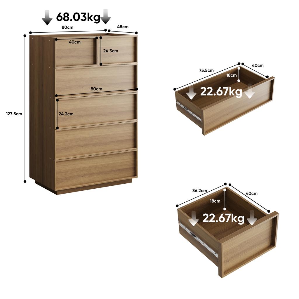 Sechs Schubladenkommode, Moderner Kleiderschrank/Schrank, Schminktisch, Geeignet für Wohnzimmer, Schlafzimmer, Flur, 80 x 48 x 127 cm, Eichenfarbe