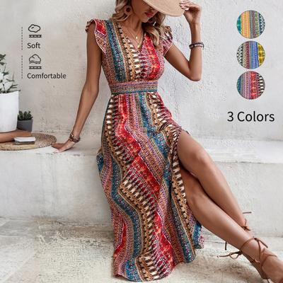 Women's Spring/summer Bohemian Knitted Fitted V-neck Cinched Waist Slit Dress