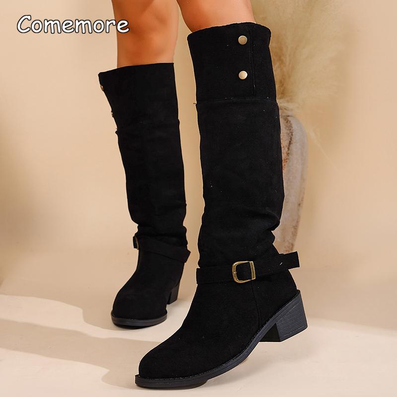 Fashion Women's Solid Color Trendy Knight Boots Buckle Decor Chunky Heel Mid Calf Botas Mujer 2025 Autumn Winter Slip on Fashion Boots