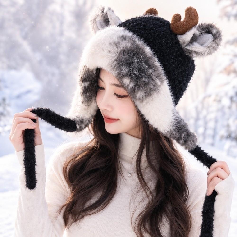 Plush Antler Winter Warm Hat Ear Protection Beanie Hat New Woolen Cap  Women