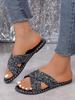 European Cross Strap Sequin Summer 2024 Round Toe Women's Plus Size Thick Sole Slippers.