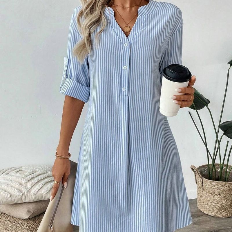 

2024 New Arrival Fashion Minimalist Casual Elegant All-Matching Youthful-Looking V-neck Stripes Long Sleeves Shirt Dress Women s Clothing Blue L