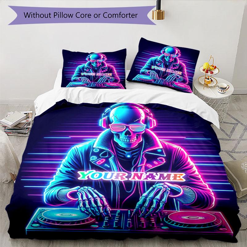 3pcs Custom Name Neon Skull DJ Vibes Bedding Set Printed Bedding Set Duvet Cover Closure Includes 1 Duvet Cover & 2 Pillowcases Bedroom Decor