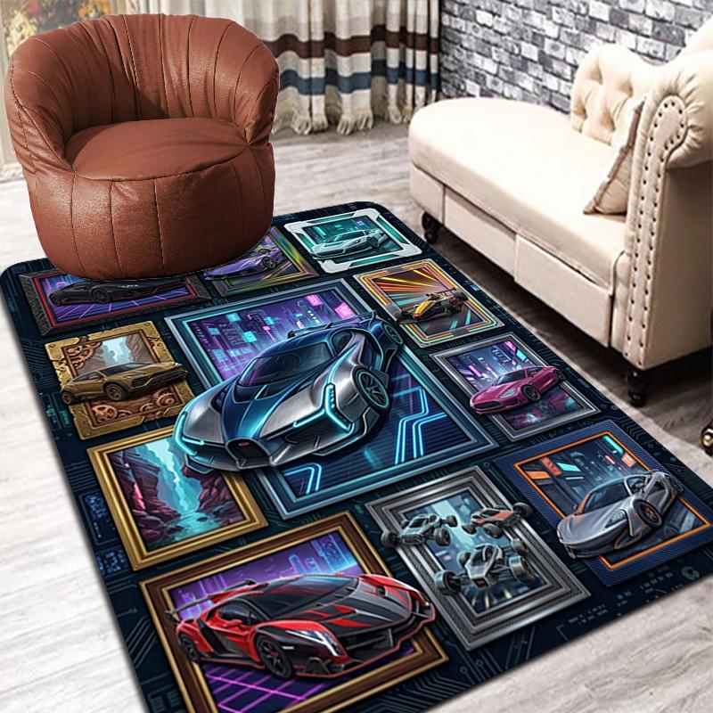 Futuristic Car Gallery Pattern Rug Floor Mat for Living Room or Bedroom Soft and Comfortable Carpet a Gift for Birthday and Holiday.