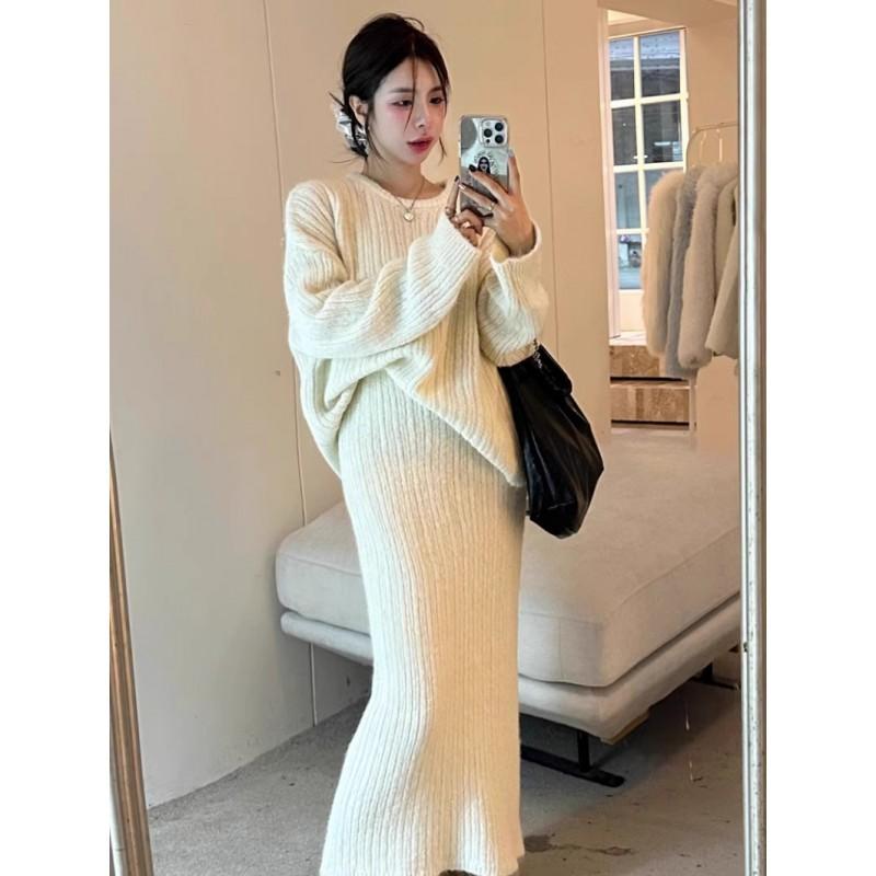 Womens Gray Knit Two-Piece Set Lazy Chic Long Sleeve Top Midi Skirt Winter Soft Warm Outfit