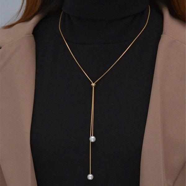 

Fashion Imitation Pearl Pendant Necklace For Women Gold Color Long Tassel Pull Design Clavicle Chain Choker Girls Party Jewelry