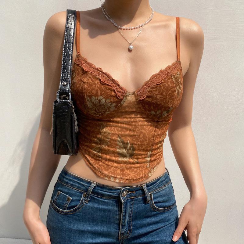 Women Floral Print Lace Trim Corset Cami Top With Removable Padded Bra Y2K Spaghetti Strap Blouse S