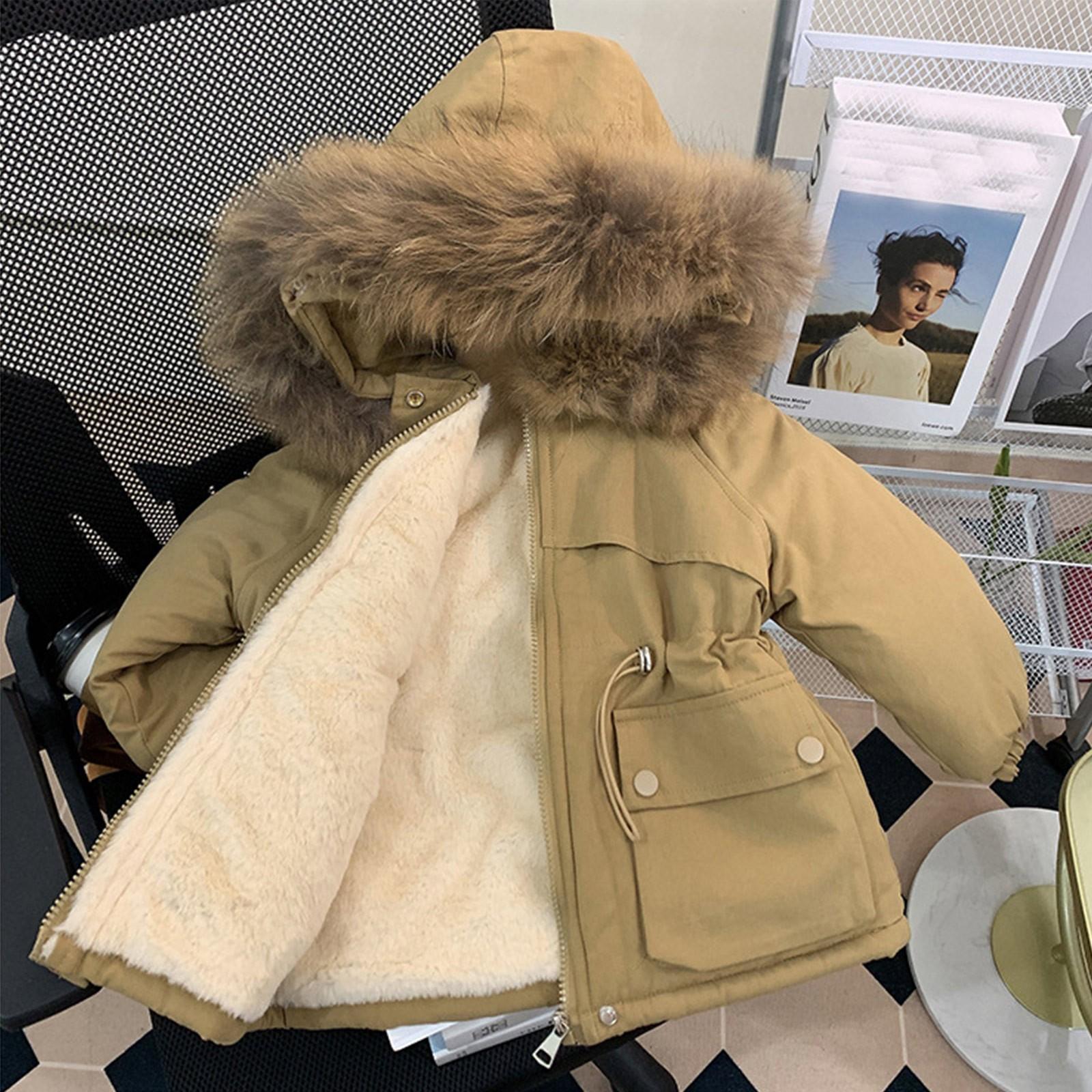 

Girls Winter Coat Solid Color Hat Plus Velvet Cotton Coat Fashionable 100 хаки