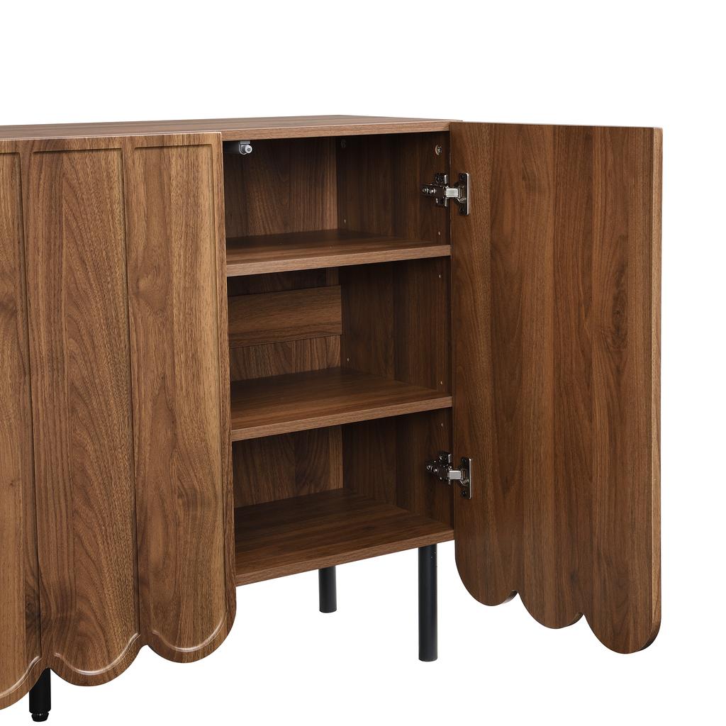Modern wood-colored sideboard with wave doors – 120x35x80 cm – handleless, adjustable shelves – storage space for living room, hallway & dining room