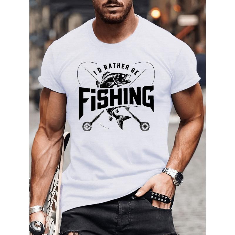 Europäische Größen Herren Sommer T-Shirt, Spruch I D RATHER BE FISHING Grafikdruck Kurzarm Tees Trend Lässige Tops für den Alltag
