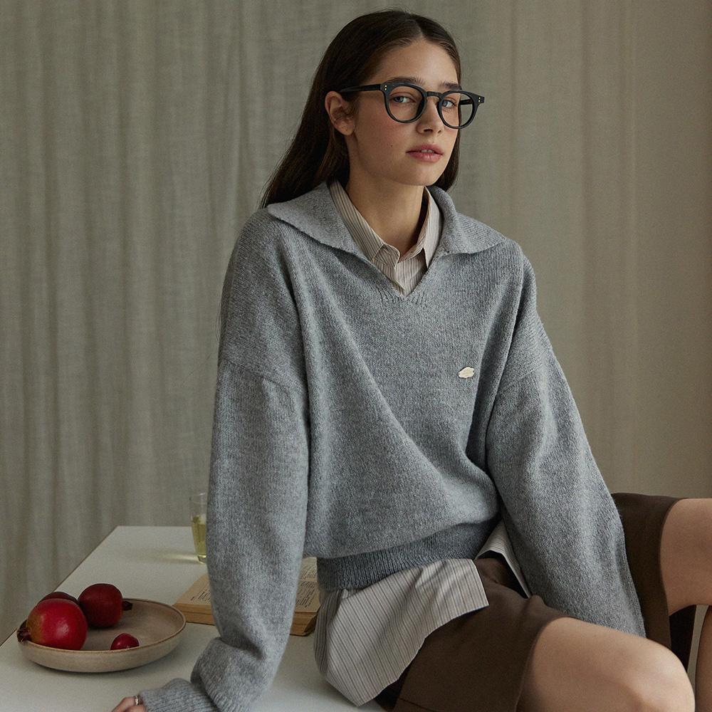 Adowl Deep V Neck Loose Fit Knit - Greymellange Greymellange/Free