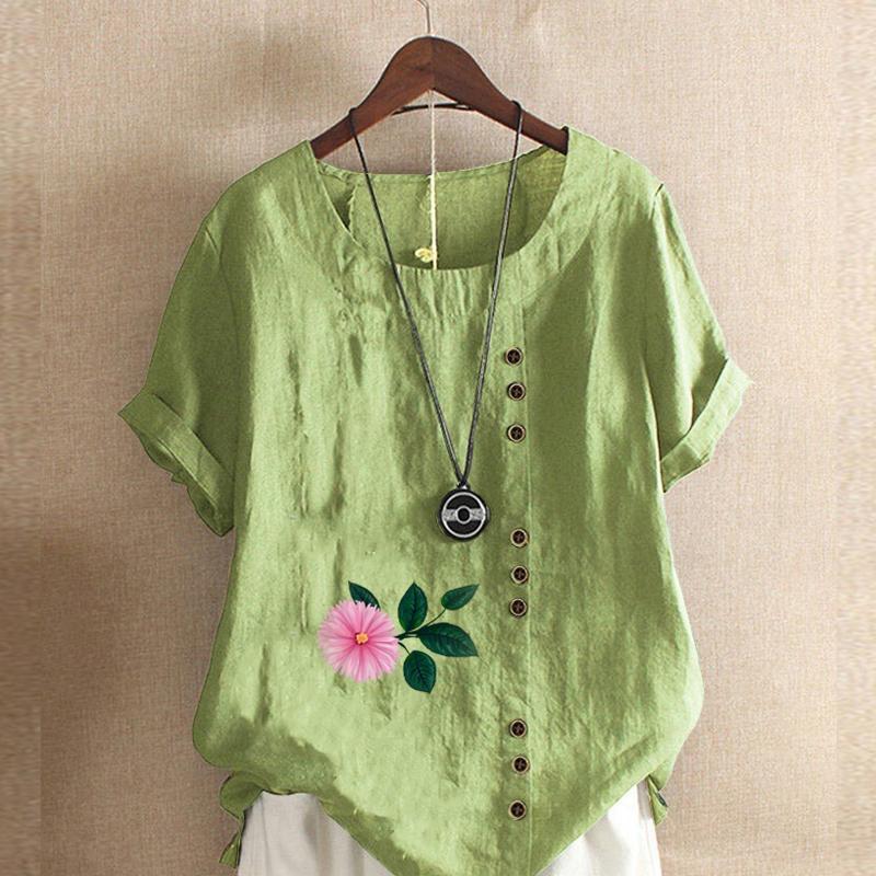 Damen T-Shirt mit Rundhalsausschnitt, kurzärmelig, Blumenmuster, Leinenhemd, Sommer, lässig, Übergröße
