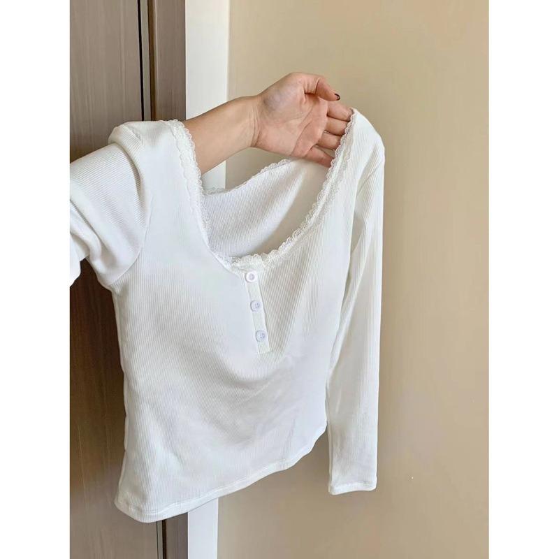 

Color matching lace edge long-sleeved T-shirt women s autumn and winter slim-fit short shirt German velvet thermal top XL белый