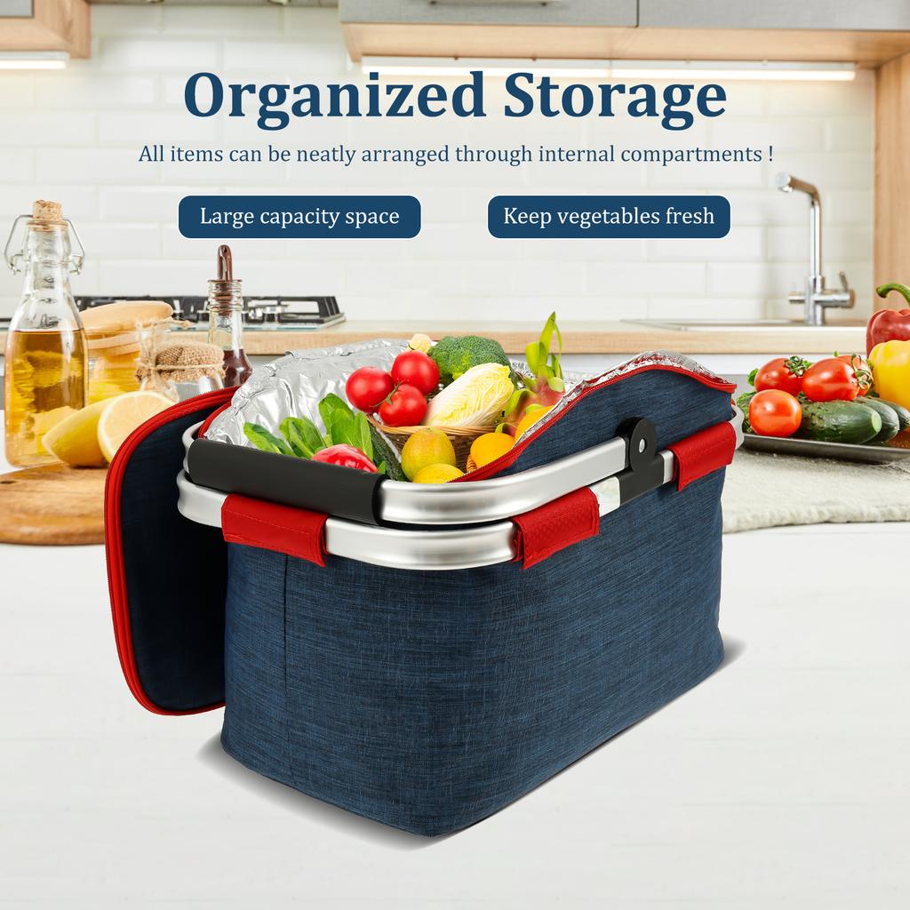 Picnic Basket D600 Oxford Cloth Insulation and Waterproof Shopping Basket Large Capacity Foldable Outdoor Carry Basket for Lunch