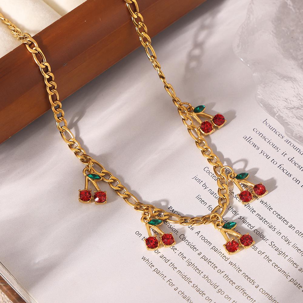 European & American Fashion: Creative Glass Rhinestone Red Cherry Necklace & Bracelet Set