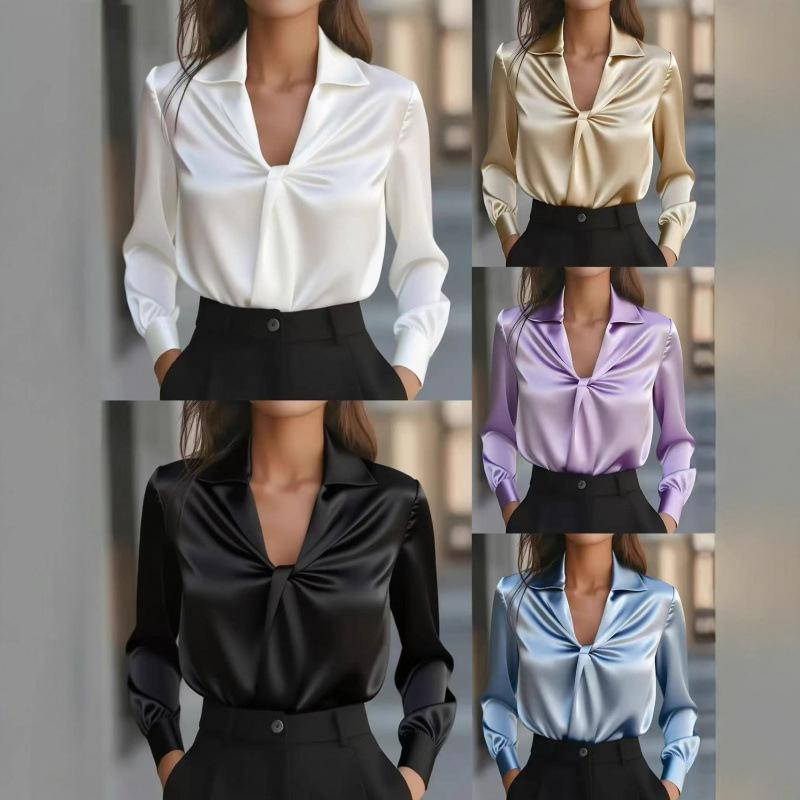 2026 Popular Autumn Fashionable Solid Color Satin Pleated Long-sleeved Shirt for Women
