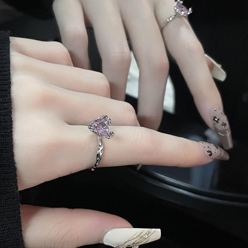 Pink Love Texture Open Ring Niche Design Zircon High Sense Cold Wind Irregular Folds Female