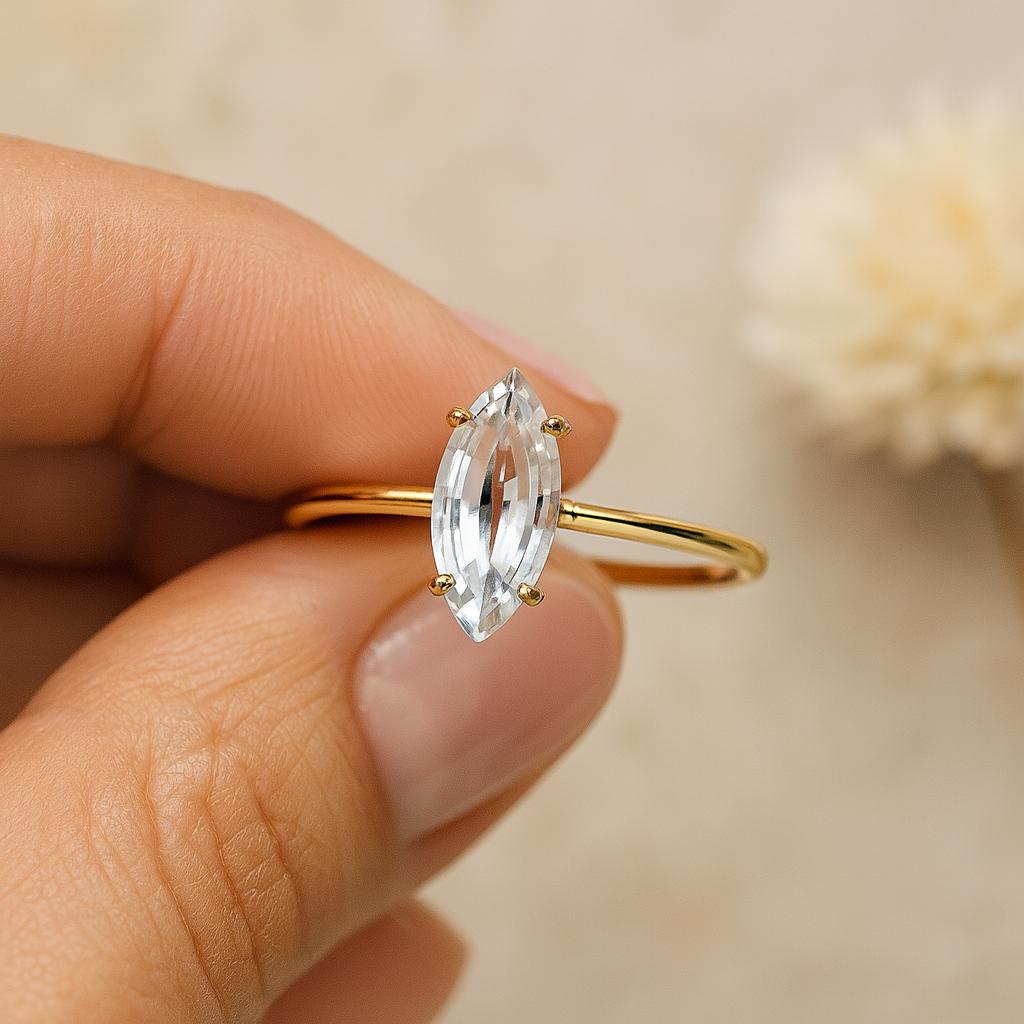 

Cubic Zirconia Engagement Wedding Ring – Marquise Cut Yellow Gold Plated Solitaire Ring, Bridal Anniversary Gift for Women 10 US розовый