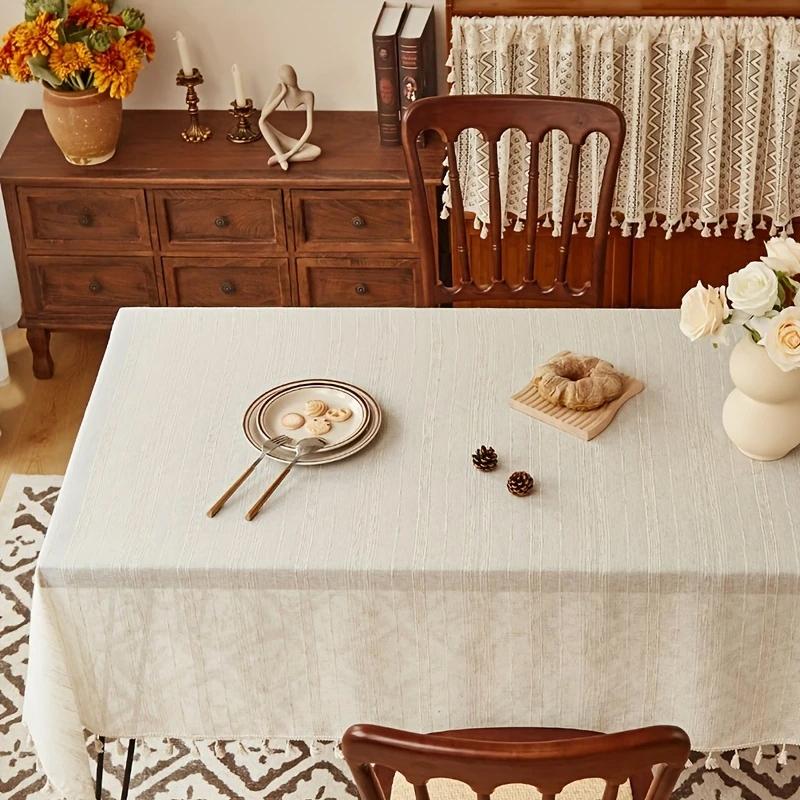 Linen Striped Fringe Tablecloth for Wedding Holiday Decor and Outdoor Picnic