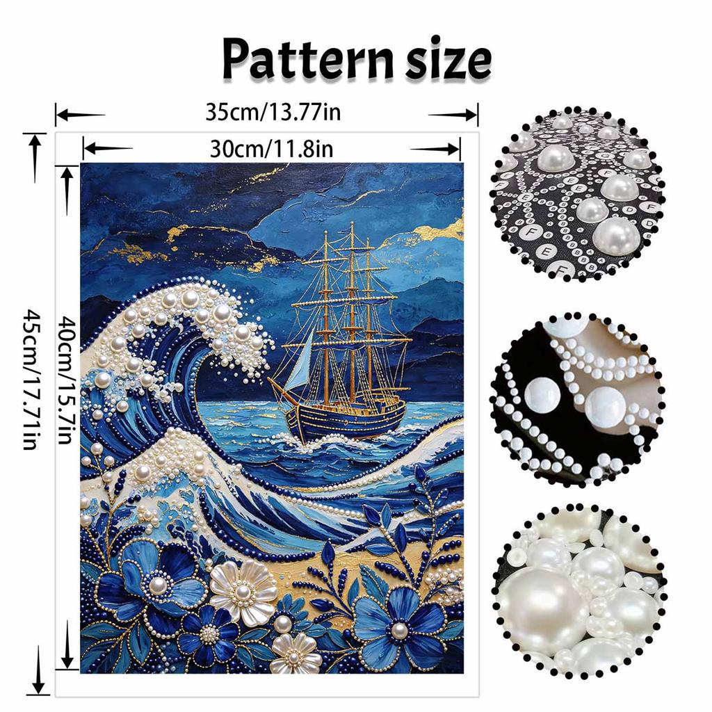 Pearl Painting Handmade DIY 5D Pearl Ocean Wave Sailing Ship Flower Pattern Decorative Hanging Painting