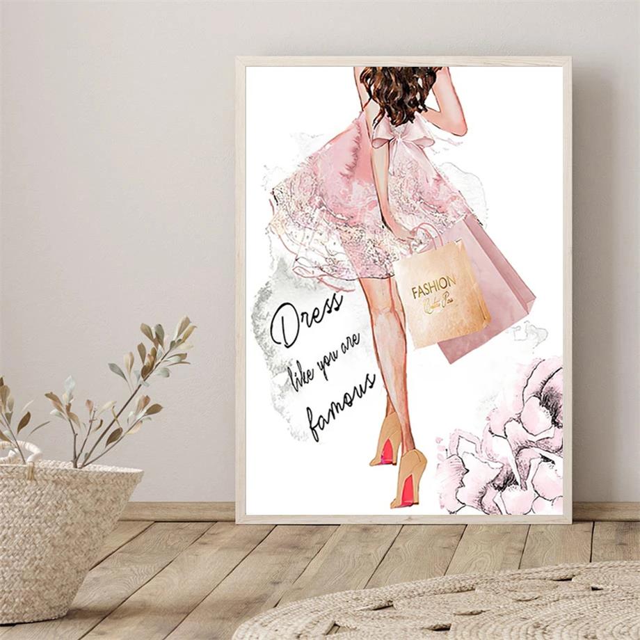 Fashion Pink Flower Perfume Eyelash Lip Makeup Poster Print Girl's Room Canvas Painting Wall Art Picture for Beauty Salon Decor