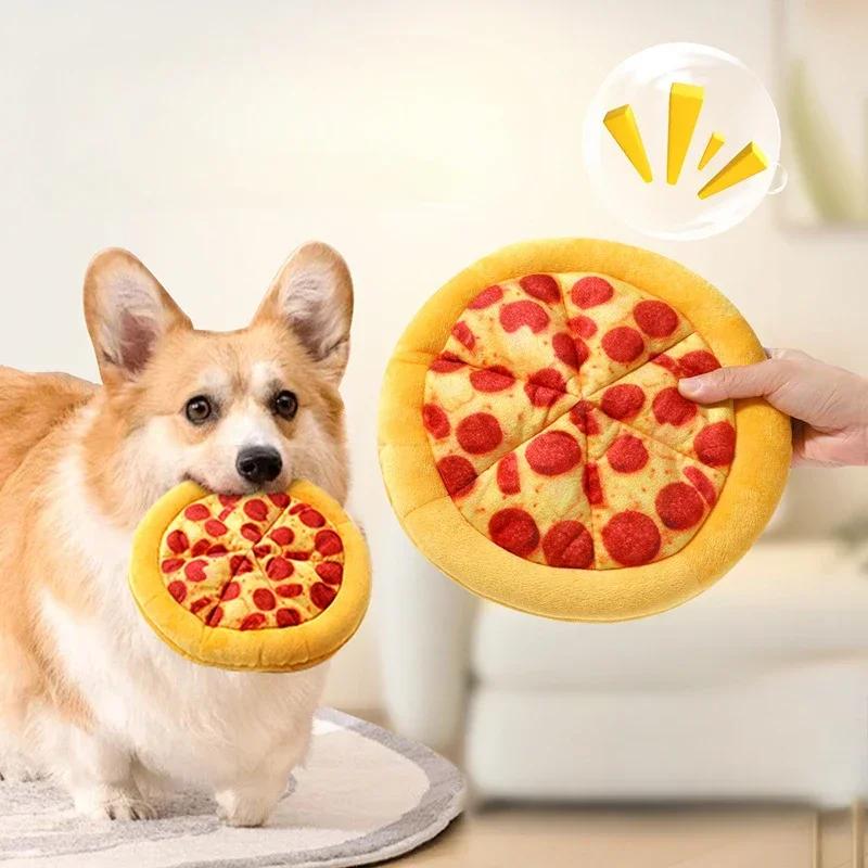 Jouets en Peluche pour Chien Forme Pizza Jouets Sonores Couinants pour Chiens Chiots Jouet à Mâcher pour Aiguiser les Dents des Chiens Fournitures pour Animaux
