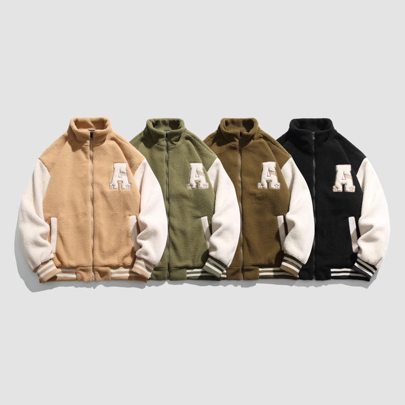 Lamb Fleece Baseball Jacket Men's New Autumn and Winter Warm Trendy Letter Embroidery Loose Casual Stand Collar Cotton Jacket