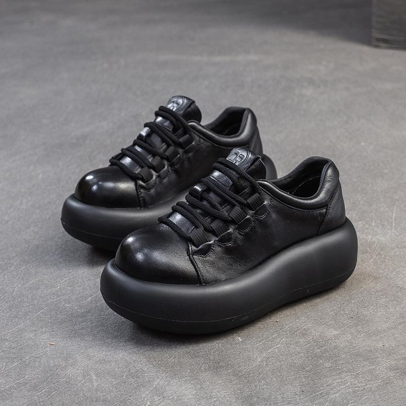 Johnature Versatile British Style Thick Soled Shoes Genuine Leather Retro Round Toe Lace Up Women's Shoes