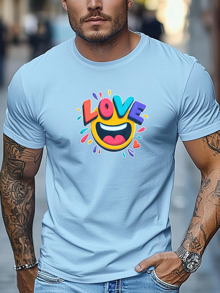 Mens Summer Love TShirt Love Emoji Colorful Print Short Sleeve Round Neck Breathable Oversized Sweet Daily Wear