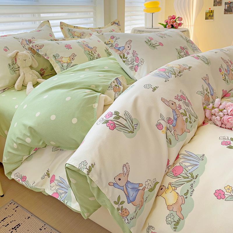 Class A Maternal And Infant Grade Small Fresh Pure Abraded Four-Piece Set Skin-Friendly Bed Sheet Washed Cotton Quilt Cover Student Dormitory 3Pcs Set