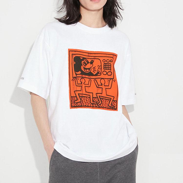 Uniqlo T-shirt Unisex Girocollo Manica Corta Stampa Anime Mickey E Keith Haring Top Bianchi 461337-00