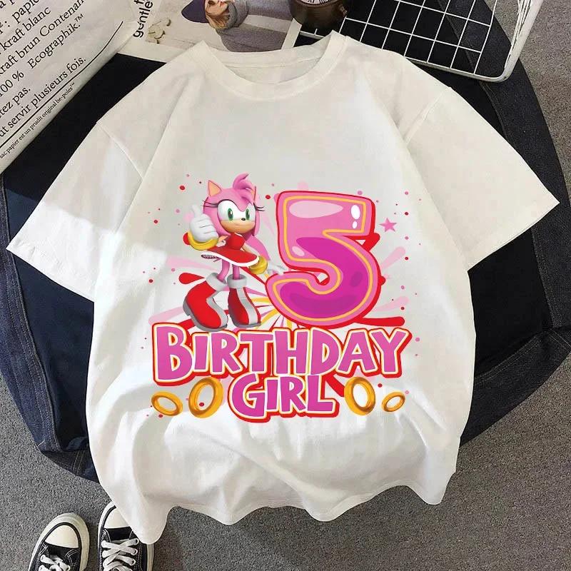 Summer Breathable T-shirts Short Sleeves Shirt Gift Sonics New Pink T-shirt for Girls Birthday Number 1-9 Cute Cartoon White Tee